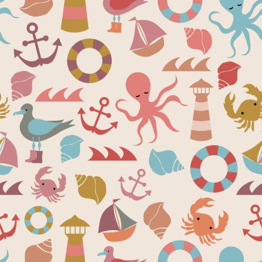 Ahtapot, deniz fenerleri, dalgalar, deniz kabukları, yelkenli tekneler, çapalar, yengeçler vb. açık bej arkaplanda. Vektör illüstrasyonu