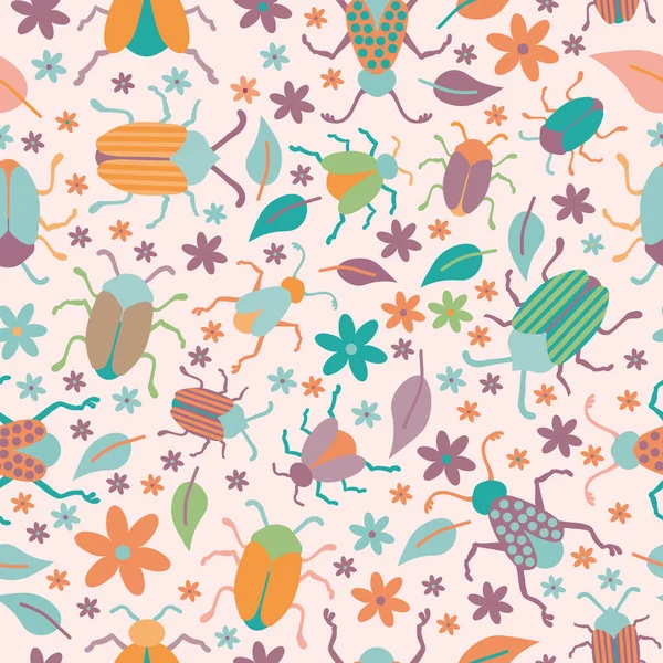 Bugs Leaves Flowers Colorful Seamless Repeating Pattern Kids Light Pink — Stock Vector
