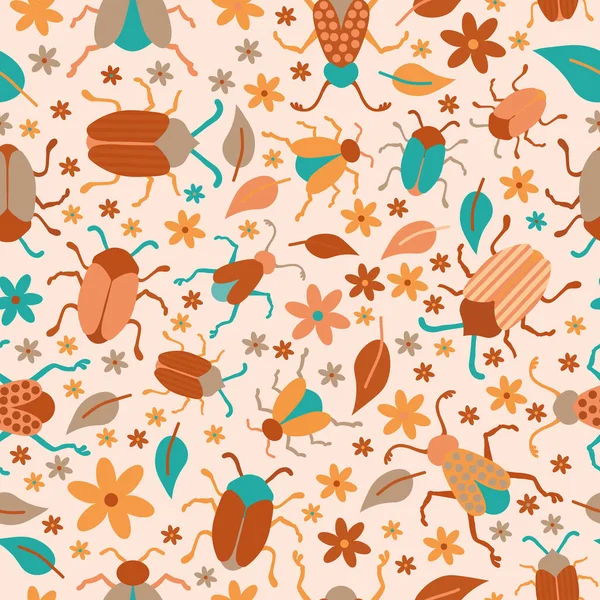 Bugs Leaves Flowers Colorful Seamless Repeating Pattern Kids Light Background — Stock Vector