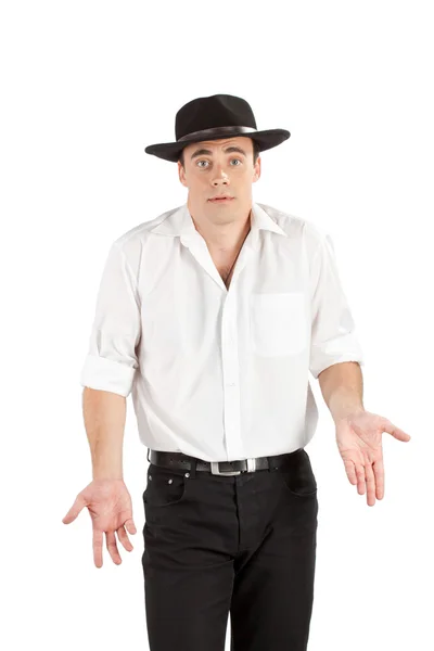 Unhappy man in hat gesturing — Stock Photo, Image