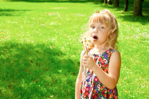 Lilla flickan har doften av blommor — Stockfoto