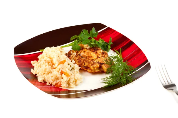 Plate with rice and fried steak — Stock Photo, Image