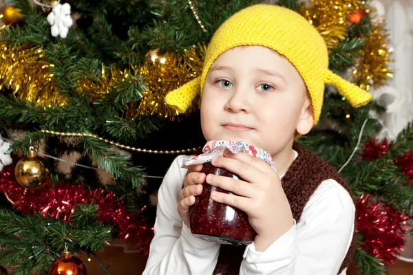 Funny boy with can of jam — Stock Photo, Image