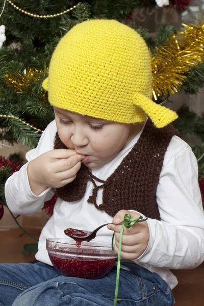 Funny boy with can of jam — Stock Photo, Image