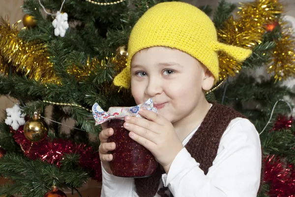 Funny boy with can of jam — Stock Photo, Image