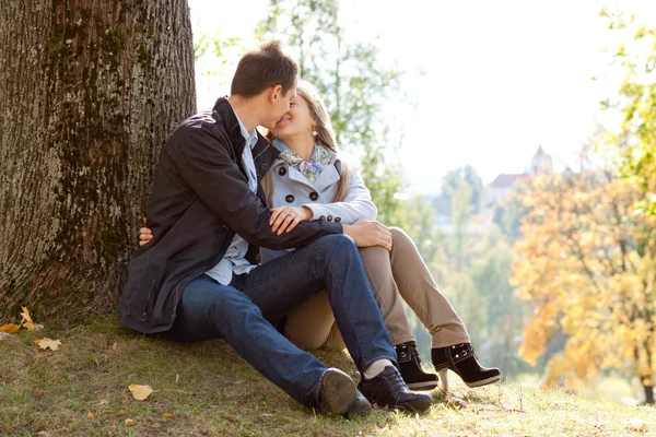 Joven pareja amorosa sentada en el suelo por árbol — Foto de Stock