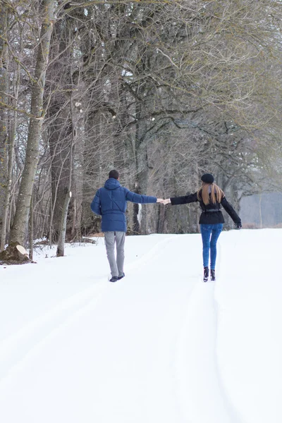 Pár procházky v zimním parku — Stock fotografie