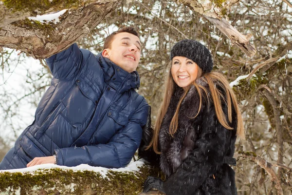 Happy Young Couple in Winter garden — Stock Photo, Image