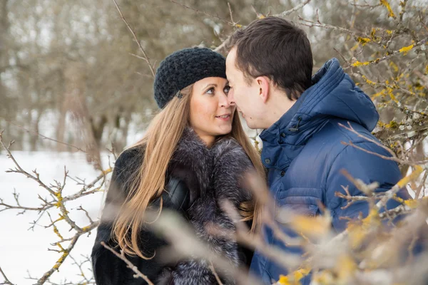 快乐对年轻夫妇在冬季花园 — 图库照片