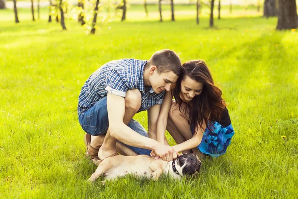 Köpek ile oturan genç bir çift — Stok fotoğraf