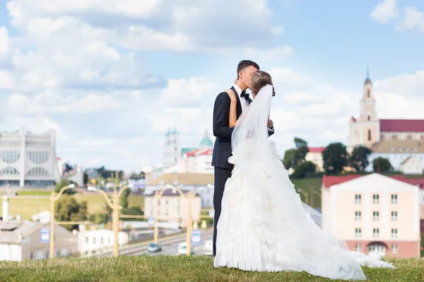 Junge Braut und Bräutigam küssen — Stockfoto