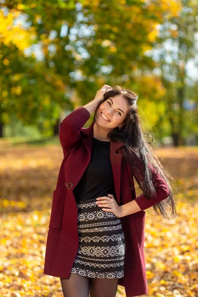 Portrét Radostné Mladé Ženy Užívající Podzimním Parku Krásná Brunetka Dívka — Stock fotografie