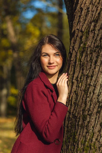 Portræt Glad Ung Kvinde Der Nyder Efterårsparken Smuk Brunette Pige - Stock-foto