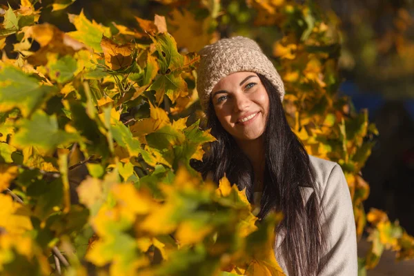 Portret Radosnej Młodej Kobiety Cieszącej Się Jesiennym Parku Piękna Brunetka — Zdjęcie stockowe