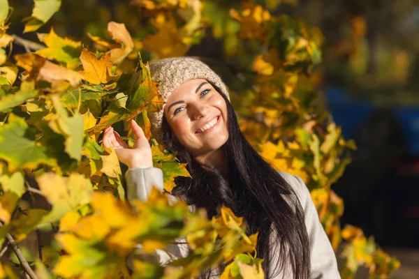 Portrét Radostné Mladé Ženy Užívající Podzimním Parku Krásná Brunetka Podzimním — Stock fotografie
