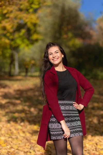 Retrato Uma Jovem Alegre Desfrutando Parque Outono Menina Morena Bonita — Fotografia de Stock