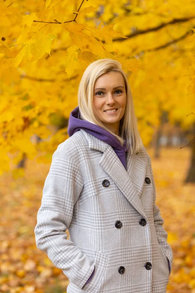 Ritratto Una Giovane Donna Gioiosa Che Diverte Nel Parco Autunnale — Foto Stock