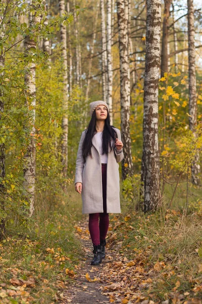 Sonbahar parkında eğlenen neşeli genç bir kadının portresi. Güz gri ceketli ve örgü şapkalı güzel esmer kız. Doğada rahatla..