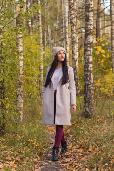 一个快乐的年轻女子在秋天的公园里享受的画像 美丽的黑发姑娘 穿着秋天的灰色外套 头戴针织帽子 自然的放松 — 图库照片