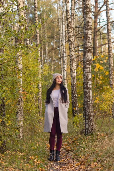 Sonbahar parkında eğlenen neşeli genç bir kadının portresi. Güz gri ceketli ve örgü şapkalı güzel esmer kız. Doğada rahatla..