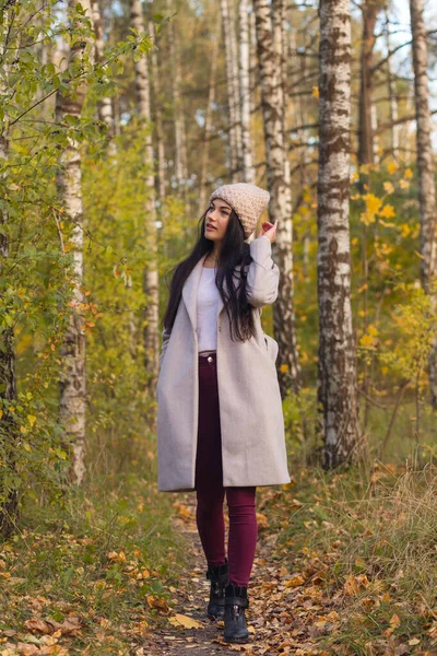 Sonbahar parkında eğlenen neşeli genç bir kadının portresi. Güz gri ceketli ve örgü şapkalı güzel esmer kız. Doğada rahatla..