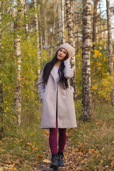 秋の公園で楽しむ楽しい若い女性の肖像画 秋の灰色のコートとニット帽の美しいブルネットの女の子 自然の中でリラックス — ストック写真