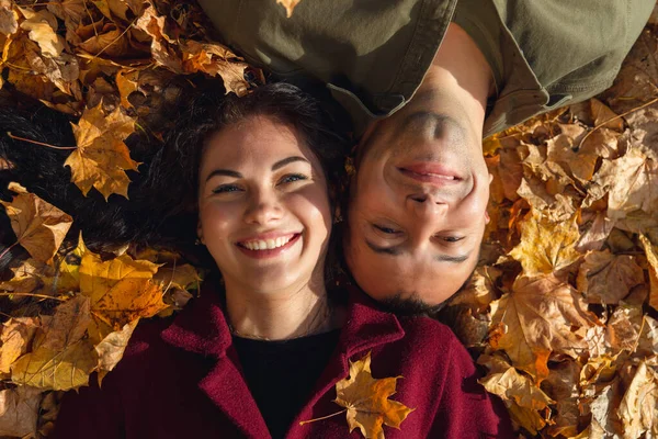 Vista Superior Pareja Acostada Hojas Otoño Concepto Amor Felicidad —  Fotos de Stock