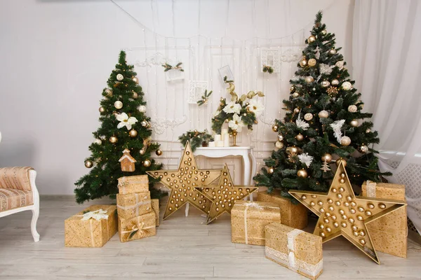 照片区 内有两棵装饰过的圣诞树和白色灯室里的礼物 — 图库照片