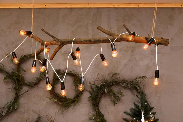 Festive Christmas Ceiling Chandelier Original Design Made Dry Tree Branch — Stock Photo, Image