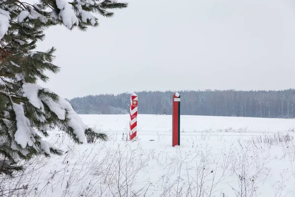 Gränsen Pelarna Vitryssland Och Polen Gränsen Ett Vinter Fält — Stockfoto