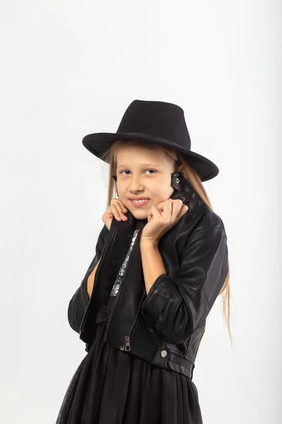 Full Length Portrait Young Girl Long Brown Hair Dressed Hooligan — Stock Photo, Image