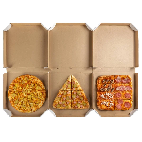 Tres Cajas Pizza Forma Redonda Triangular Cuadrada Foto Conceptual Basada —  Fotos de Stock