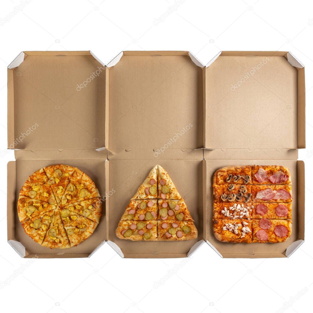 Three pizza boxes of round, triangular and square shape. Conceptual photo based on the famous TV series The Squid Game.