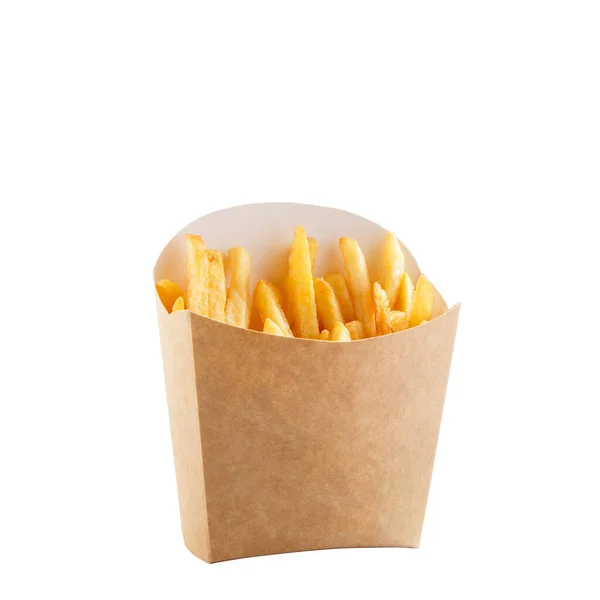 法式薯条 装在褐色牛皮纸袋中 白色背景隔离 — 图库照片
