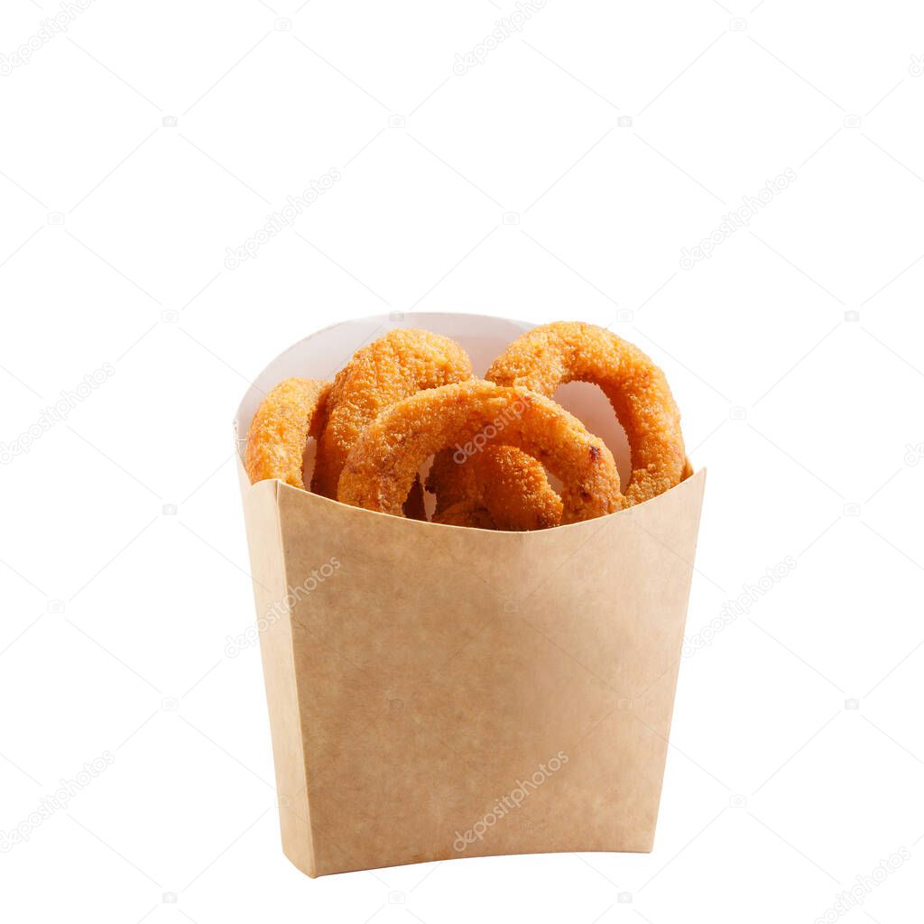 Squid rings in a paper box isolated on white background. Snacks in a paper box with a place for the logo