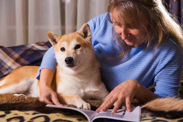 Woman Lying Bed Reading Book Her Companion Shiba Inu Dog — Stock Photo, Image