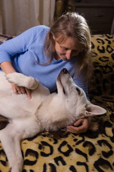 Concepto Amante Mascotas Una Mujer Divirtiéndose Con Perro Pastor Suizo — Foto de Stock