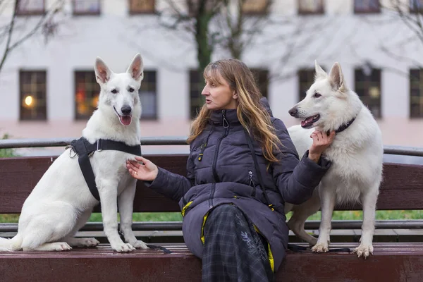 Une Femme Assoit Sur Banc Dans Parc Ville Avec Ses — Photo