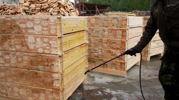 Pracovník zpracovává dřevěné výrobky s ochranným antiseptickým a antimykotickým složením — Stock video