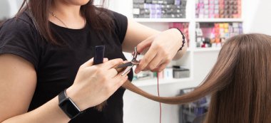 Uzman saç stilisti elinde tarak ve sıcak termal makas ile uzun düz saç tokasının uçlarını kesiyor. Kuaför salonu, berber dükkanı, mükemmel görünüş, modern teknik, yeni saç modeli konsepti.