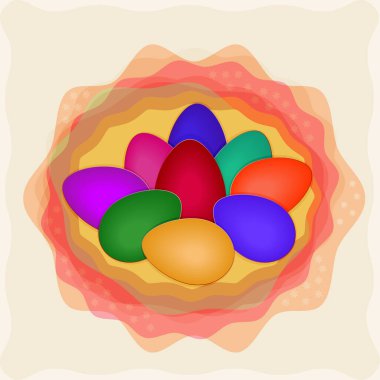 Arka planda bir sepet renkli yumurta, neşeli renkler ile ilişkilendirilmiş..