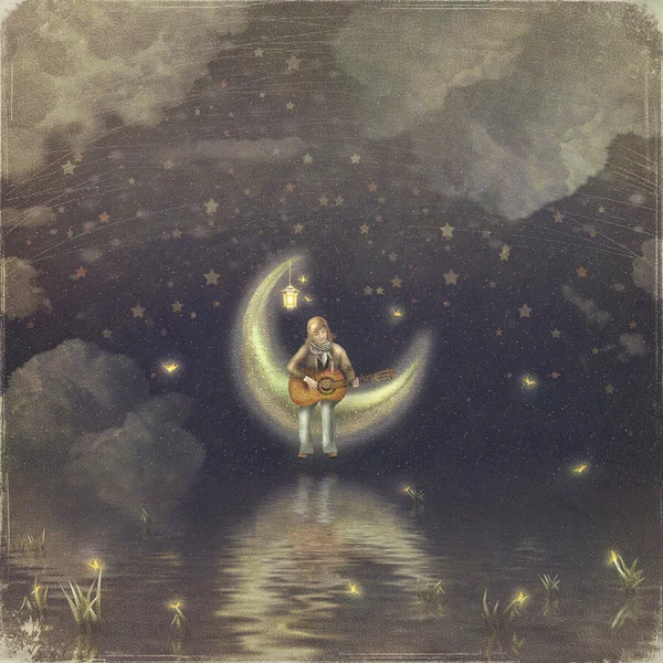 Chłopiec z gwiazda księżyc na jego głowę gitara — Zdjęcie stockowe