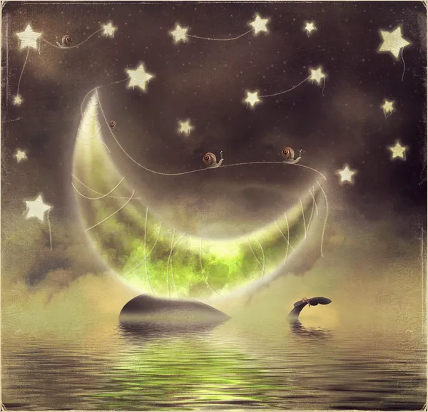 逆戟鲸在繁星满天的夜晚背景与月球上的插图 — 图库照片