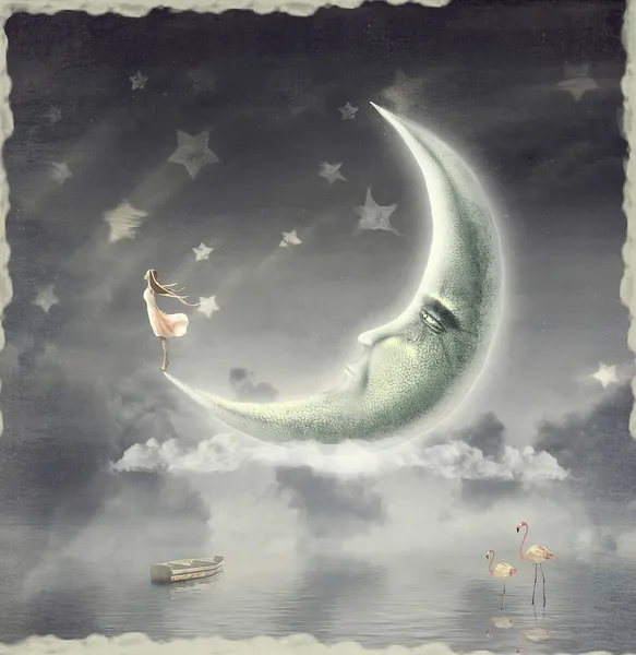 На ілюстрації показано дівчину, яка захоплюється зоряним небом — стокове фото