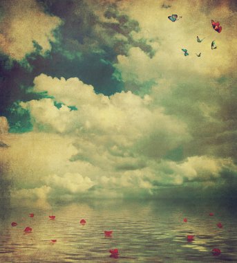 Deniz manzara. Eski kartpostal: grunge ve retro tarzı gül yaprakları ile tasarım