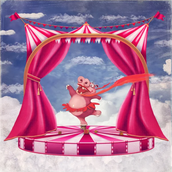 Ilustración de un circo con un hipopótamo de dibujos animados en un tutú bailando —  Fotos de Stock
