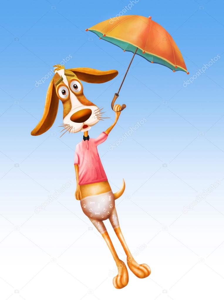 Beauty dog fly with umbrella
