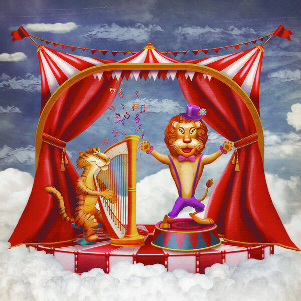 Сircus with tent, a tiger playing on a harp and singing a lion