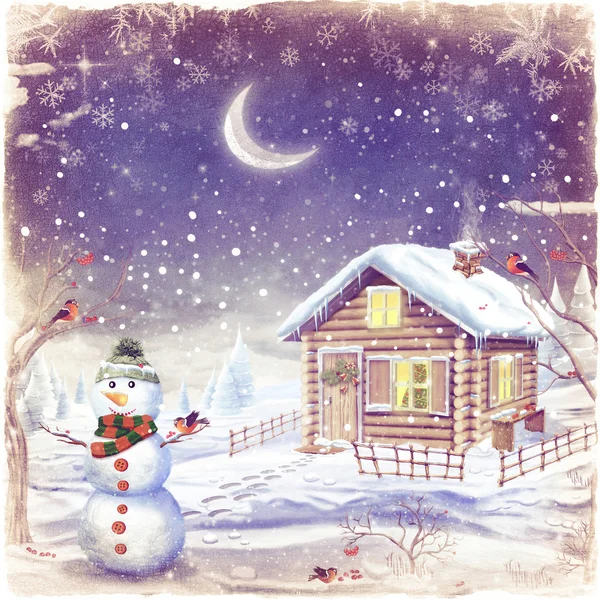 Illustration der Winterlandschaft mit Schneemann — Stockfoto