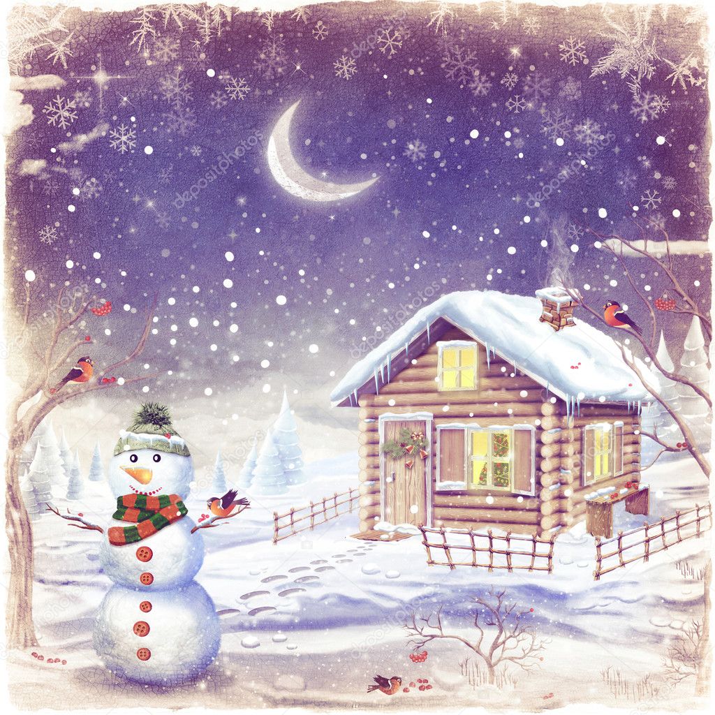 Illustration of winter landscape with snowman